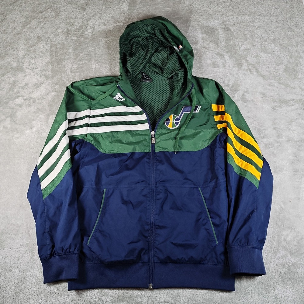 Adidas Utah Jazz Jacket Mens Medium Green Blue NBA Hood Windbreaker Full Zip